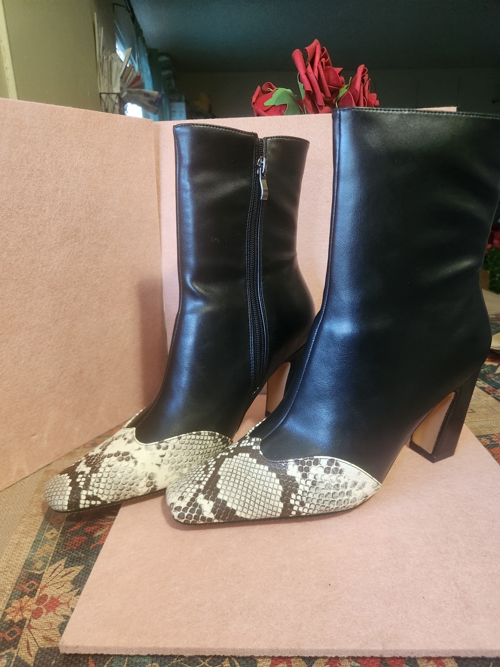 Women's Black Ankle Boots with Snake-Print Toe